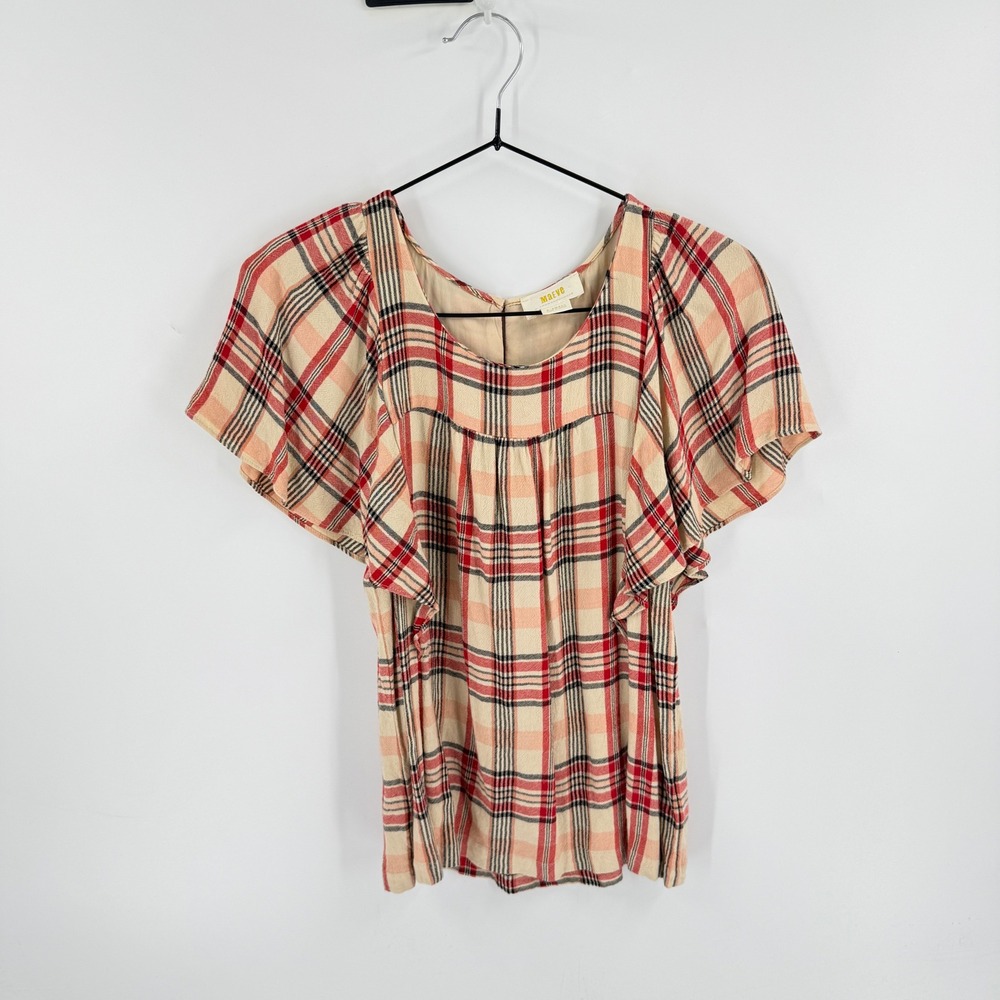 Maeve Anthropologie Plaid Flutter Sleeve Top Red Cream XS Boho Top